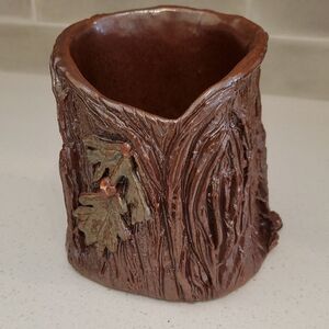 Tree Stump Planter with Leaf Sined by Artist